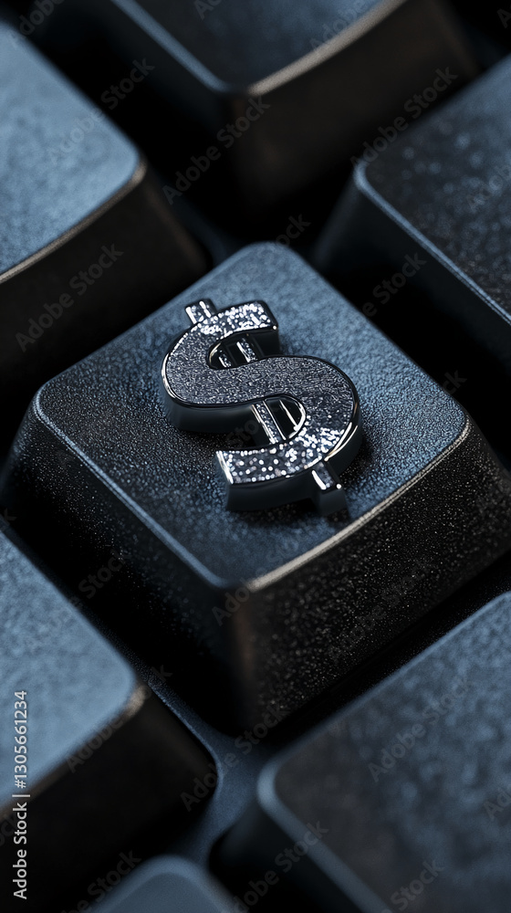 Close-up of textured dark keyboard key, featuring a silver dollar sign, symbolizing online finance, wealth, or digital currency transactions Close-up of textured dark keyboard key, featuring a silver dollar sign, symbolizing online finance, wealth, or digital currency transactions