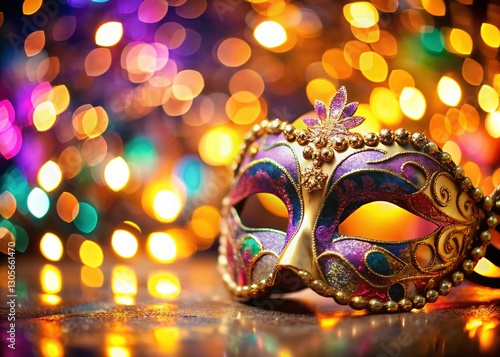 Venetian Masquerade Mask on Vibrant Bokeh Background - Festive Celebration Decor Stock Photo