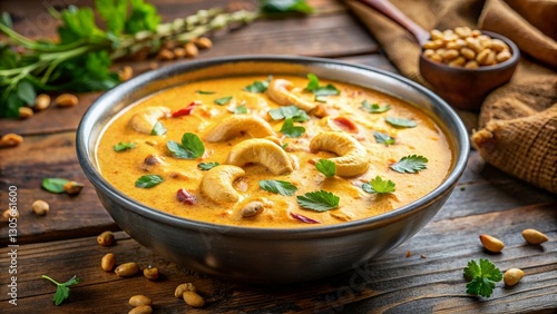 Rich and creamy cashew curry (Indian Kaju Masala) served in a bowl, captured with selective focus