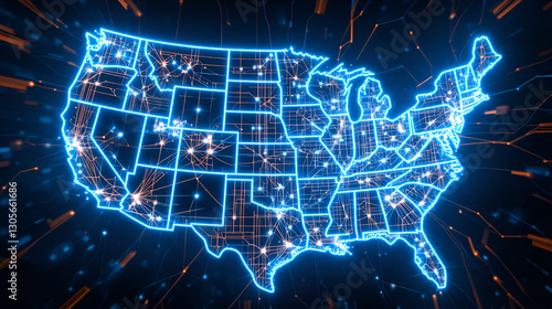 A futuristic map of the USA with neon blue lines and an orange grid, symbolizing advanced digital infrastructure, data transfer, and nationwide connectivity
