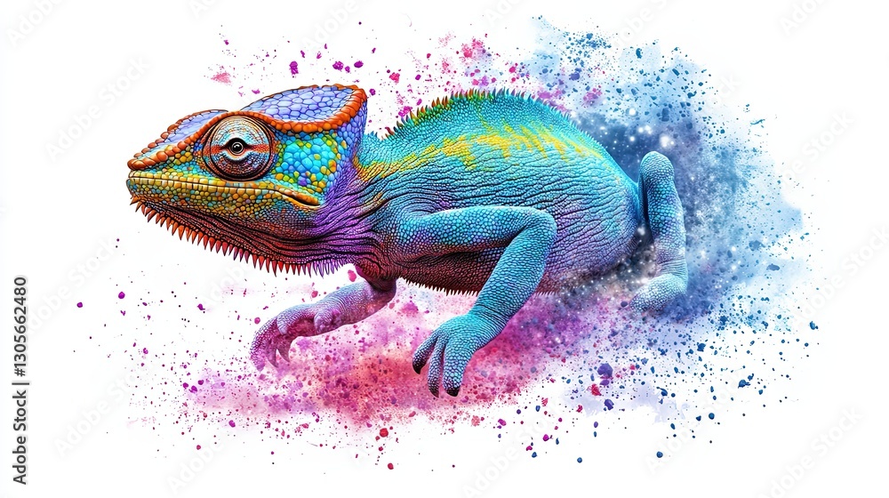 Fototapeta An isolated chameleon with a multicolor powder paint explosion around it, on a transparent background