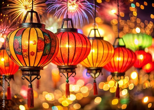Vibrant Festival Lanterns & Fireworks Bokeh Close-Up - Festive Asian Celebration