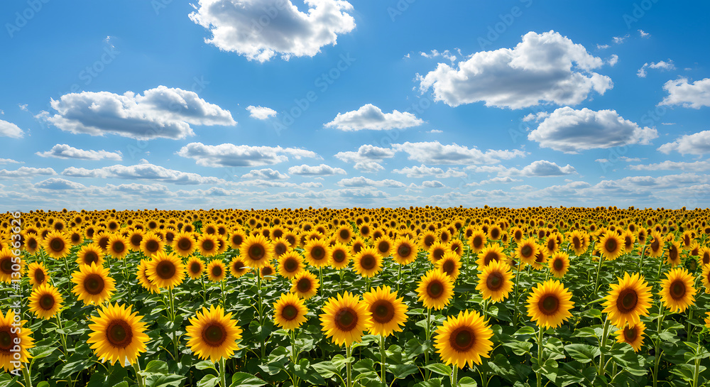 Obraz premium Serene Sunflower Field Under Bright Blue Sky