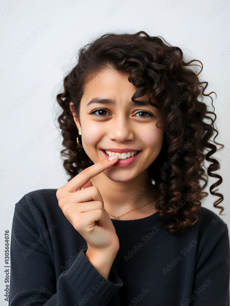 Oops. Beautiful girl with curly hair touching her lips and smiling guiltily at camera, feeling ashamed after she did something wrong. Human facial expressions, emotions, feelings and reaction Oops. Beautiful girl with curly hair touching her lips and smiling guiltily at camera, feeling ashamed after she did something wrong. Human facial expressions, emotions, feelings and reaction