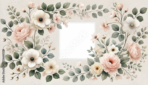 Elegant watercolor floral frame with soft pastel flowers
