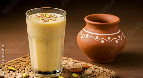 Traditional Sweet and Juicy Rabri Doodh with Almond Toppings and Nuts on Woven Mat