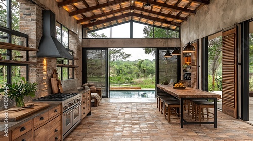 Rustic open-plan kitchen with pool view, interior design photo