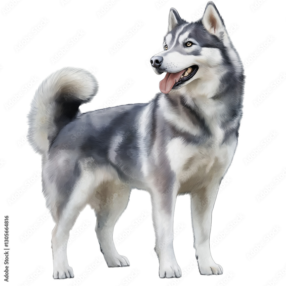 Obraz premium A beautiful Alusky dog in watercolor style, full body visible, soft blended colors, artistic brush strokes, white background