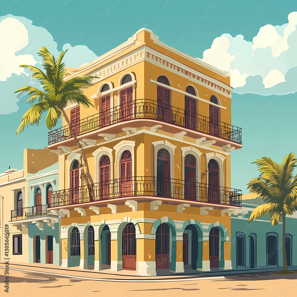Naklejka premium Colorful historic building with palm trees in a vibrant tropical setting under a clear sky