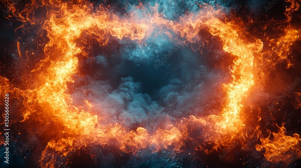 Fototapeta premium Fiery orange and blue flames forming a ring with smoke against a dark background.