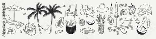 Tropical Vacation Set. Hand drawn doodle illustrations of palm trees, swimsuit, lounge chairs, coconut, pineapple.Dolce vita aesthetic for t-shirt print, invitations. Sea beach weekend.