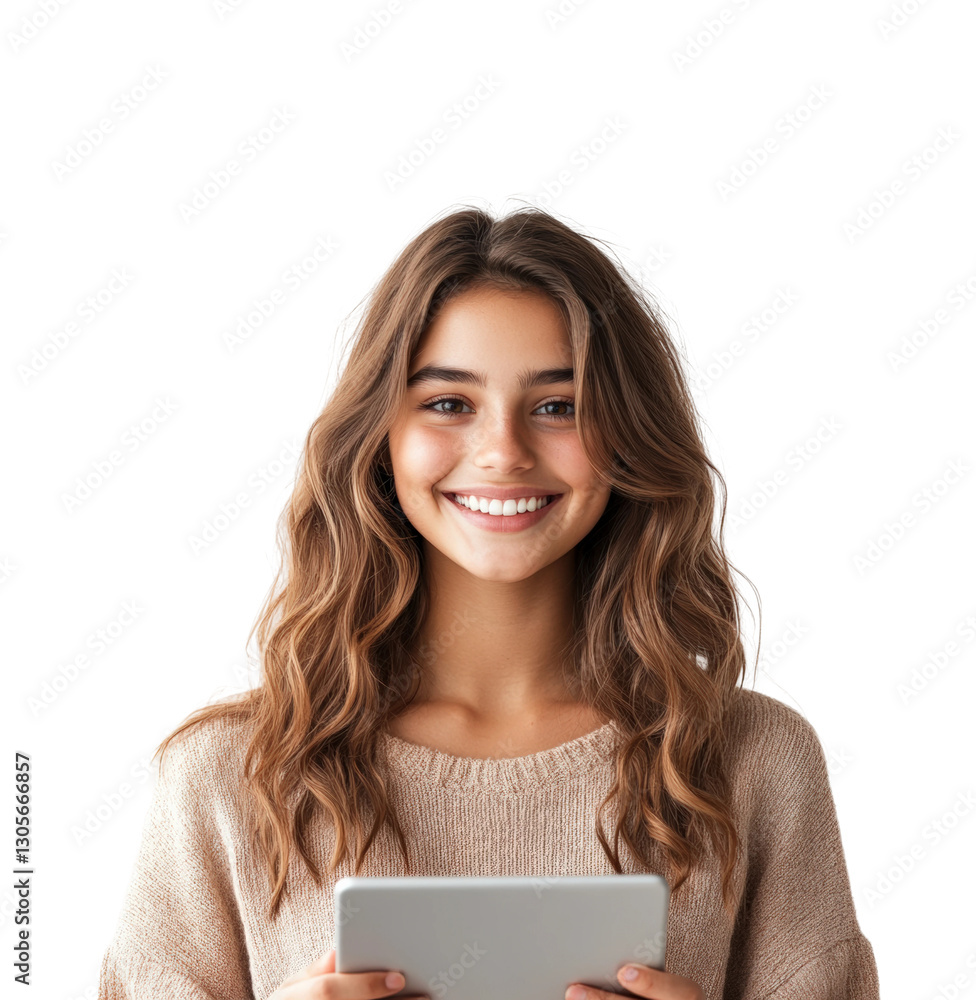 Smiling woman using tablet indoors. Isolated on transparent background, png. Smiling woman using tablet indoors. Isolated on transparent background, png.