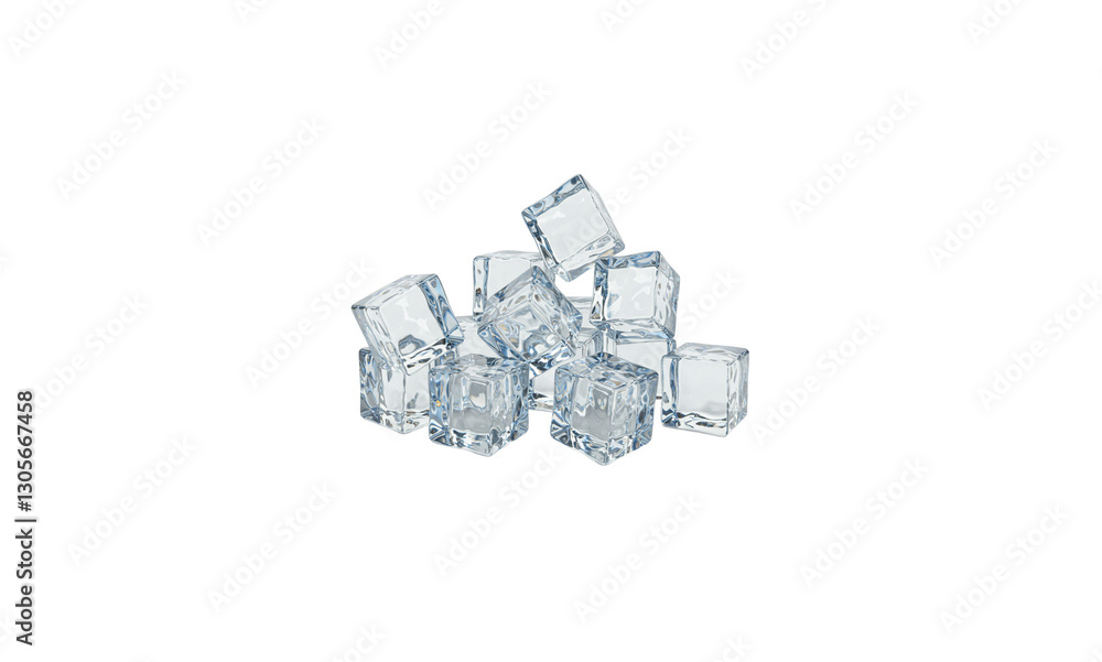 Crystal Clear Ice Cubes Scattered on Transparent Background Crystal Clear Ice Cubes Scattered on Transparent Background