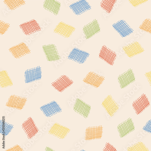 Crafty Corner Colorful Woven Fabric Swatches on Ecru background creating a seamless pattern print background