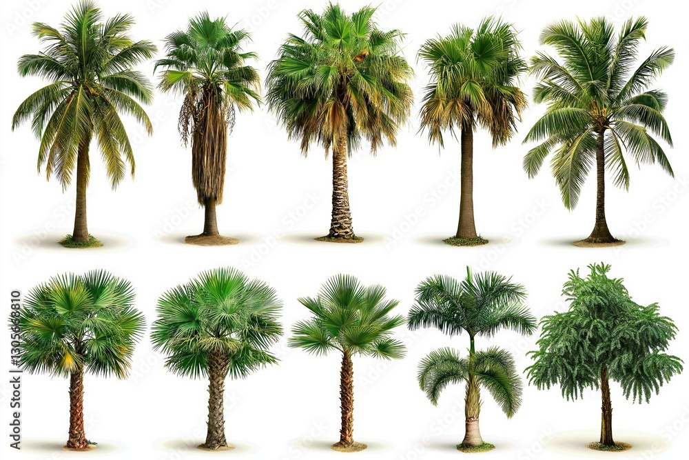Obraz premium Collection of various palm tree species isolated on a white background, showcasing tropical nature, botanical diversity, and exotic plant beauty, Generative AI