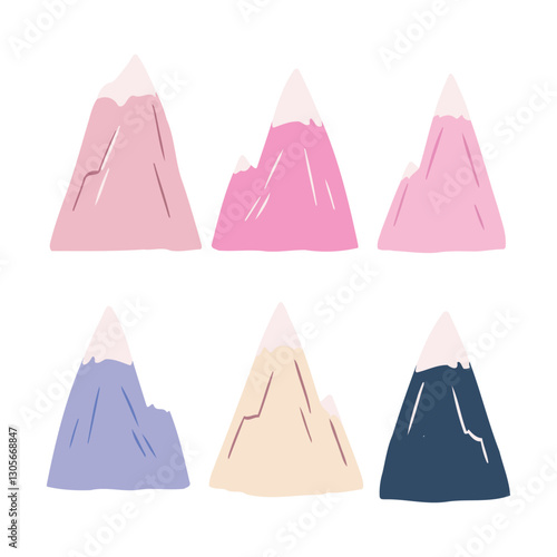 Colorful mountains with snow-capped peaks in pink, blue, beige, and navy