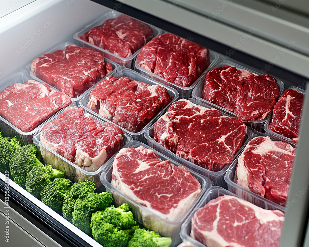Several red beef steaks in clear plastic packaging, displayed alongside fresh broccoli florets in a refrigerated showcase. Represents freshness, high-quality meat, healthy eating. Several red beef steaks in clear plastic packaging, displayed alongside fresh broccoli florets in a refrigerated showcase. Represents freshness, high-quality meat, healthy eating.