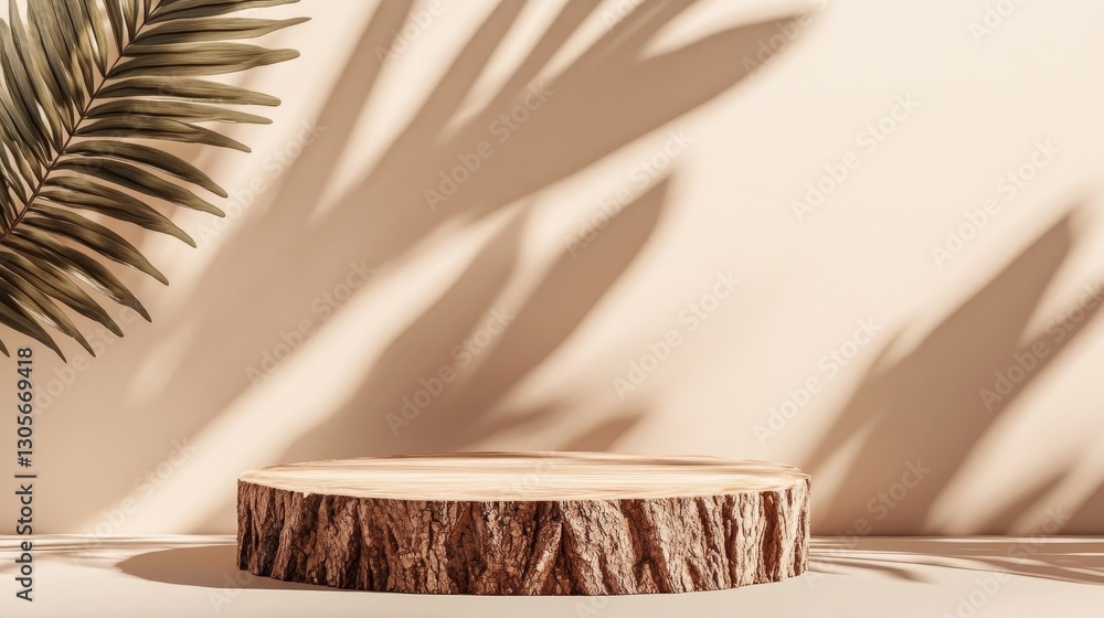 Abstract minimal tree bark scene. Natural wooden podium on beige background with a shadow of palm leaves. Concept natural cosmetics. Showcase, display case. Banner Abstract minimal tree bark scene. Natural wooden podium on beige background with a shadow of palm leaves. Concept natural cosmetics. Showcase, display case. Banner