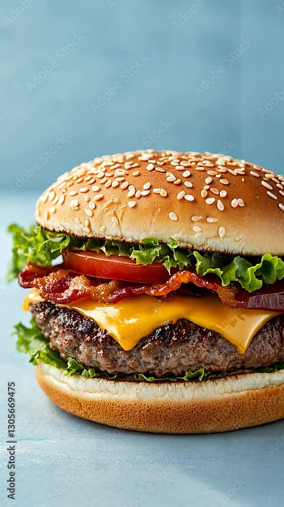 Juicy cheeseburger with bacon, lettuce, and tomato on a sesame seed bun against a blue background Juicy cheeseburger with bacon, lettuce, and tomato on a sesame seed bun against a blue background