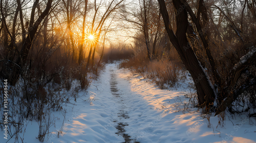 Snow-covered trails at dusk, with the last light of the day casting a warm glow on the frosty path, creating a serene winter scene, serene, warm tones, wide angle. Silence - Monastery. Illustration Snow-covered trails at dusk, with the last light of the day casting a warm glow on the frosty path, creating a serene winter scene, serene, warm tones, wide angle. Silence - Monastery. Illustration