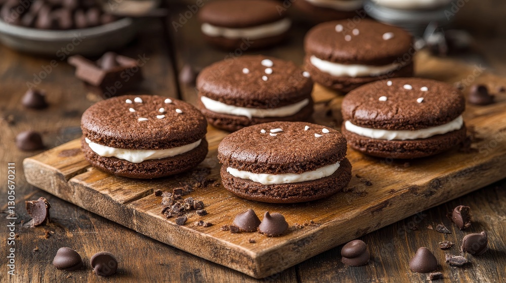Stack of Sandwich cookies, chocolate cream filled biscuits on the wooden cutting board. Sweet food, advertisement food Stack of Sandwich cookies, chocolate cream filled biscuits on the wooden cutting board. Sweet food, advertisement food
