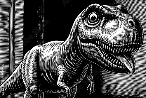 Tyrannosaurus dinosaur in forest black and white hand drawn sketch