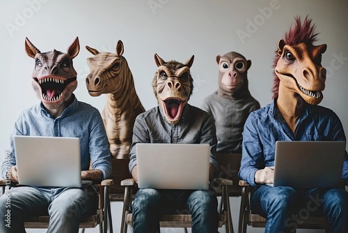 With animal faces, people are lined up for a job interview. Job seekers don funny, silly masks as they pore over their CVs and resumes, utilizing laptops. University or college students are in a photo