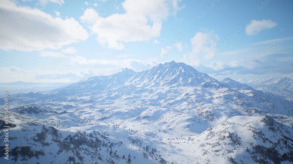 Panoramic view of snow-capped mountains under a bright sky.