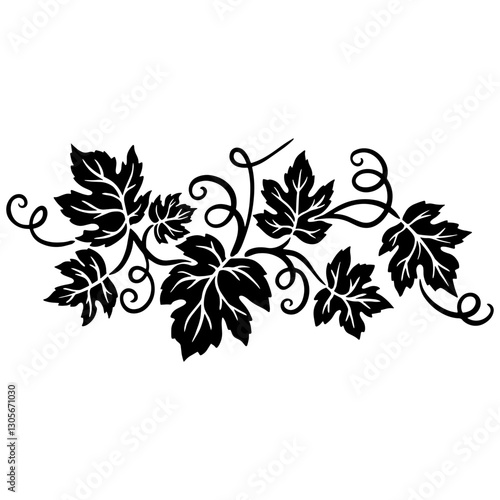 Elegant black and white vector illustration of a grapevine with leaves and grape clusters. Perfect for wine labels, decor, packaging, and vineyard branding. Classic, vintage botanical design.