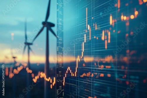 Wind turbines at sunset with financial data overlay, representing renewable energy investment, stock market growth, sustainability, and economic transformation in the energy sector, Generative AI