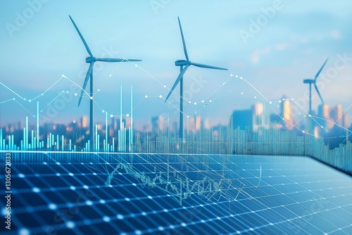 Wind turbines and solar panels with financial data overlay, symbolizing renewable energy investment, sustainability, economic growth, and future power market trends, Generative AI