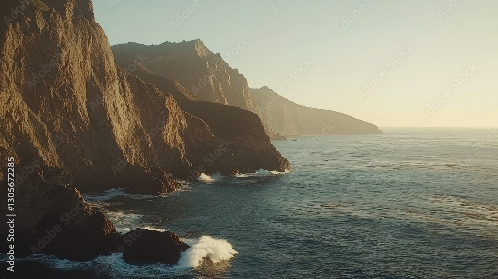 Naklejka premium Majestic coastal cliffs at sunset, ocean waves crashing against rocky shores.