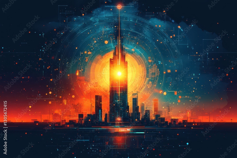 Obraz premium Futuristic urban skyline featuring a towering central skyscraper with digital elements and vibrant sunset reflections, evoking advanced technology and innovation