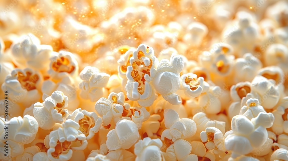 Close-up of freshly popped popcorn with a golden buttery glow and light textures creating a warm and inviting culinary atmosphere in high resolution. Close-up of freshly popped popcorn with a golden buttery glow and light textures creating a warm and inviting culinary atmosphere in high resolution.