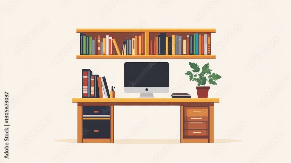 Modern Minimalist Home Office Setup with Desktop Computer, Bookshelf, and Decorative Plant on Wooden Desk Against Neutral Background Modern Minimalist Home Office Setup with Desktop Computer, Bookshelf, and Decorative Plant on Wooden Desk Against Neutral Background