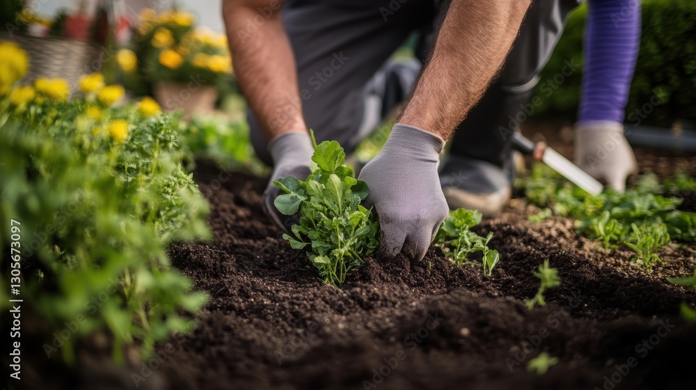 Fototapeta premium Closeup view of hands of gardener working in field planting flowers.