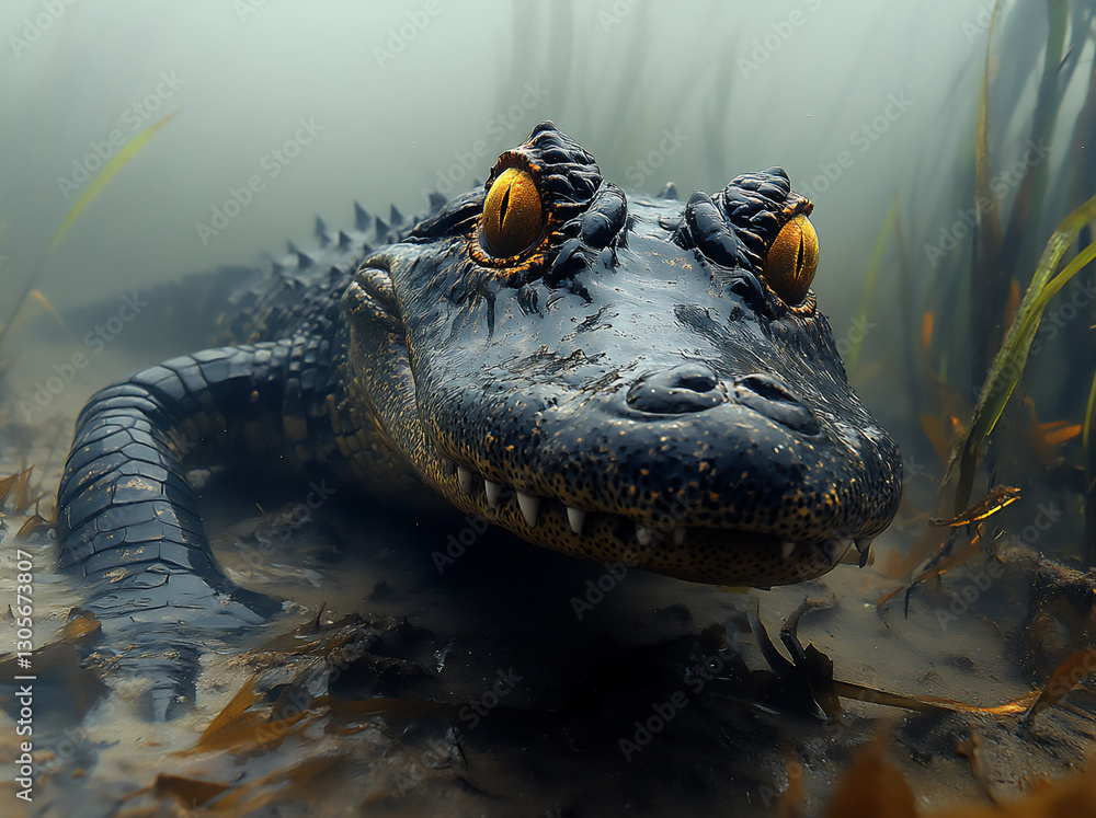 Fototapeta premium a photograph of an underwater creature with the head and body of a crocodi