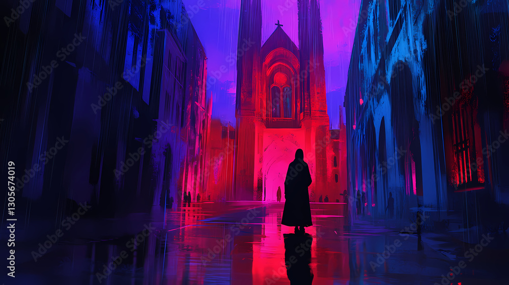 A solitary figure stands in a vibrant, neon-lit cityscape, absorbed in a device amidst rain-soaked streets. Silence - Monastery. Illustration A solitary figure stands in a vibrant, neon-lit cityscape, absorbed in a device amidst rain-soaked streets. Silence - Monastery. Illustration