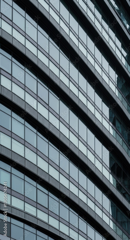 Curved glass facade of modern office building reflecting urban landscape Curved glass facade of modern office building reflecting urban landscape