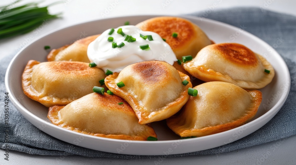 A plate filled with golden-brown dumplings featuring a crispy exterior and tender filling is garnished with fresh chives and a dollop of sour cream in a warm kitchen. A plate filled with golden-brown dumplings featuring a crispy exterior and tender filling is garnished with fresh chives and a dollop of sour cream in a warm kitchen.