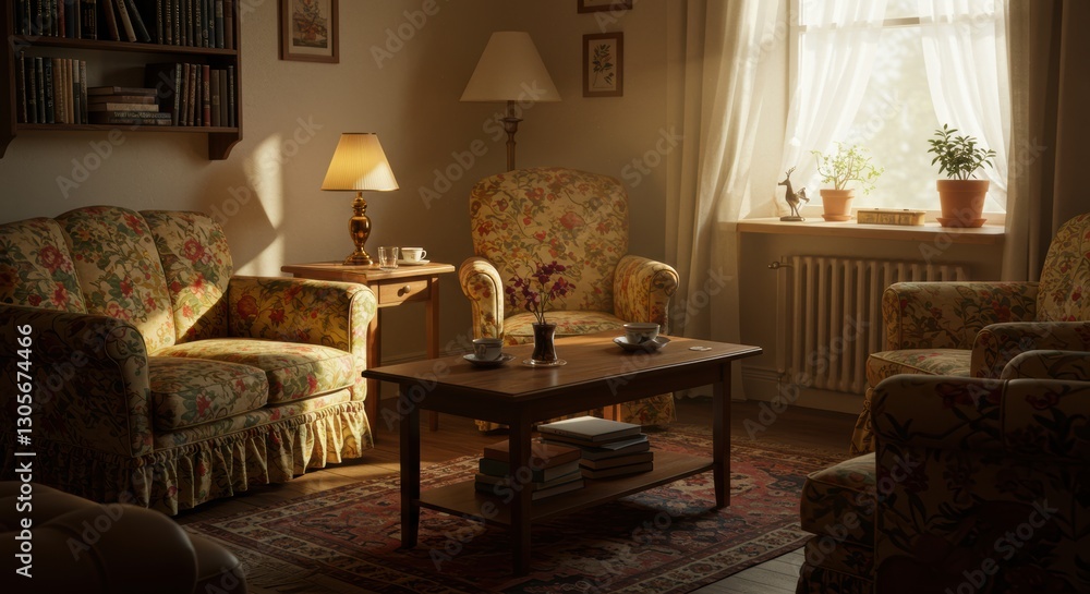 Fototapeta premium Cozy vintage living room with floral furniture and warm lighting