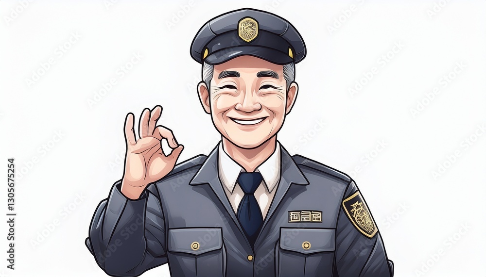 手でOKオッケーサインをするシニアの男性警備員のイラスト。白背景。AIで生成 手でOKオッケーサインをするシニアの男性警備員のイラスト。白背景。AIで生成