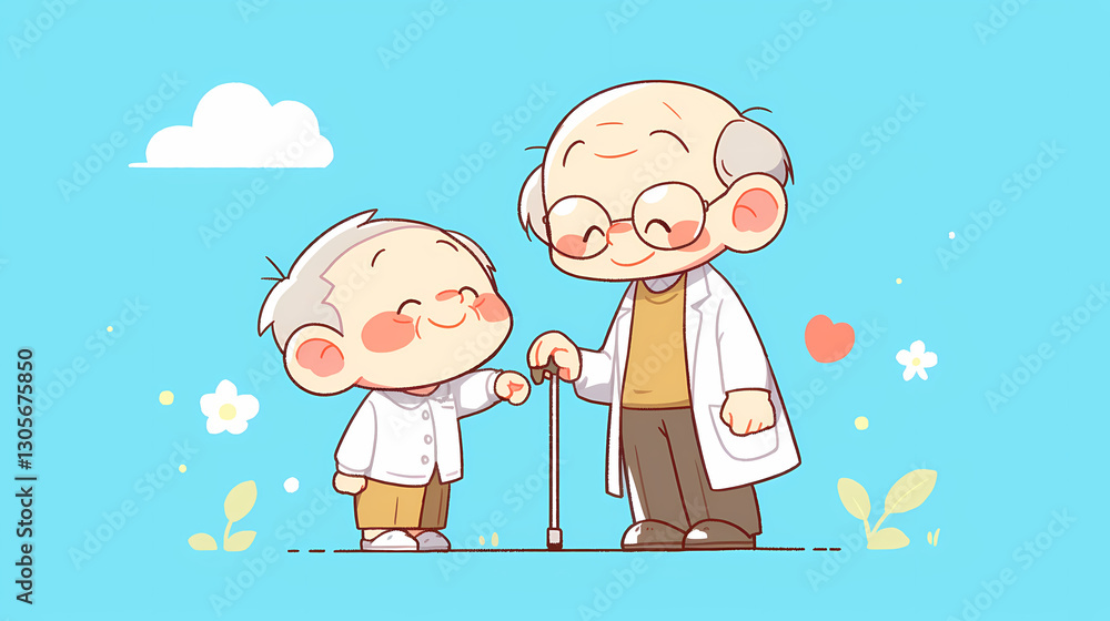 Two elderly men, one with a cane, smiling together in a cheerful, colorful outdoor setting Two elderly men, one with a cane, smiling together in a cheerful, colorful outdoor setting
