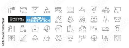 Set of 36 Business Presentation line icons set. Business Presentation outline icons with editable stroke collection. Includes Presentation, Schedule, PPT Presentation, Keynote, Agenda, and More.