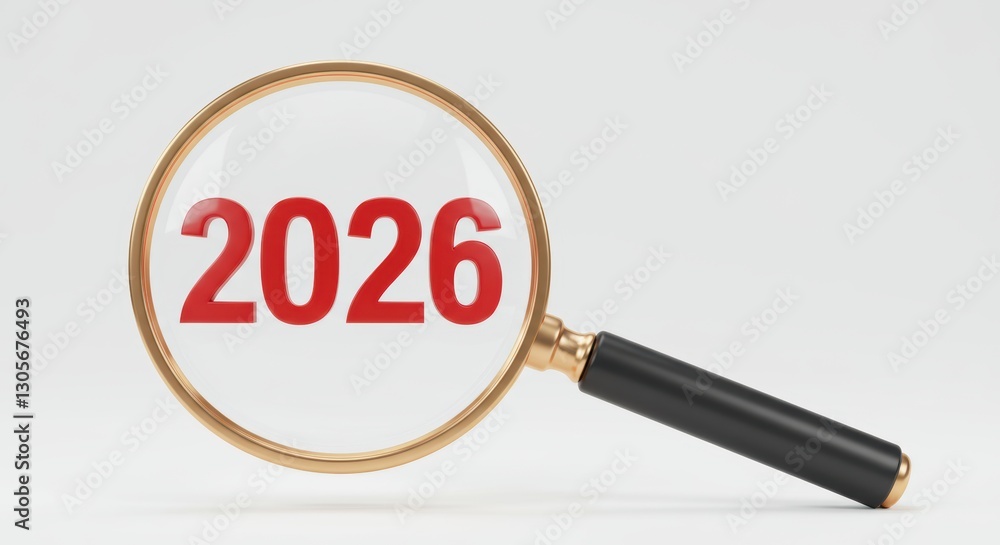 Magnifying glass focused on bold red 2026 numerals on plain background Magnifying glass focused on bold red 2026 numerals on plain background