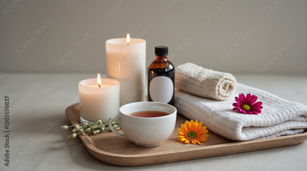 Relaxing cosmetics mockup featuring candles, tea, and natural elements for a soothing ambiance Relaxing cosmetics mockup featuring candles, tea, and natural elements for a soothing ambiance