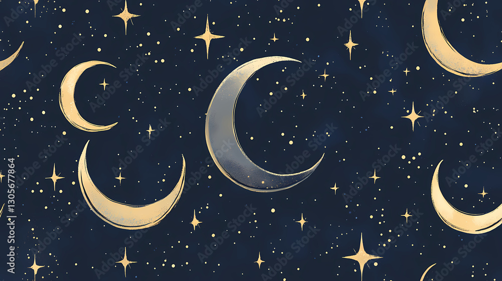 Naklejka premium Hand drawn celestial seamless pattern with crescent moons and stars on a dark blue background. Celestial - Sky. Illustration