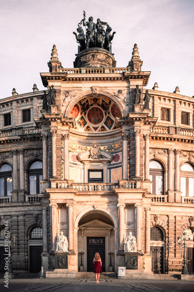 Obraz premium Elegant wide-angle shot of the Semperoper opera house in Dresden, Germany, during twilight. The historic architecture is illuminated by warm interior lights against a soft pastel sky.