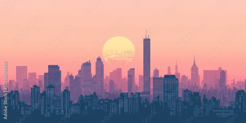 A stylized depiction of a cityscape at sunset with buildings A stylized depiction of a cityscape at sunset with buildings
