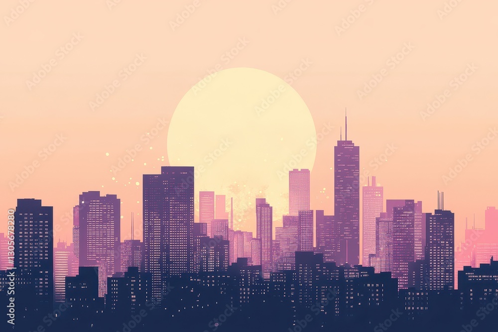 Obraz premium City skyline illustration featuring many buildings and a large sunset
